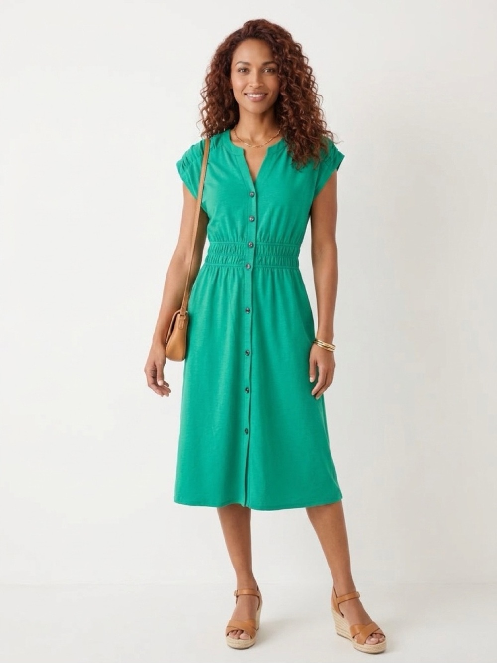 Monteau Emerald Green Button-Front Midi Dress